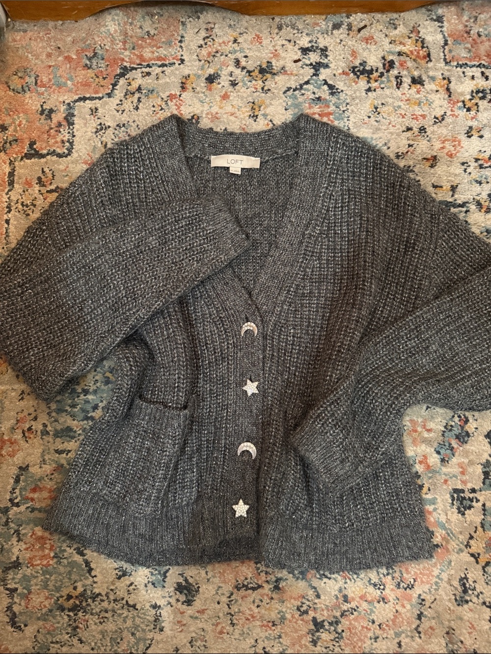 LOFT Gray Ribbed Cardigan with Star & Moon Buttons